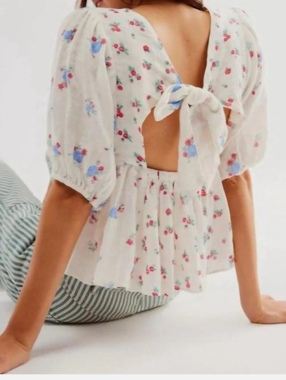 Free People Chloe Floral Puff Sleeve Tie Back Blouse Cotton Gauze White P/S